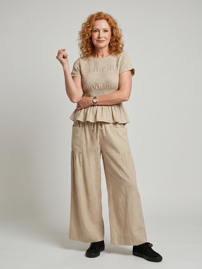 Peplum Top and Wide Leg Pants Set - Two Piece Outfit