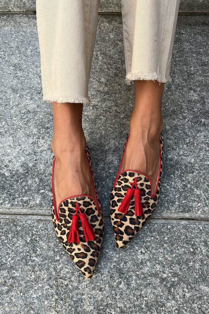 Leopard Print Pointed Toe Flats with Tassel Detail