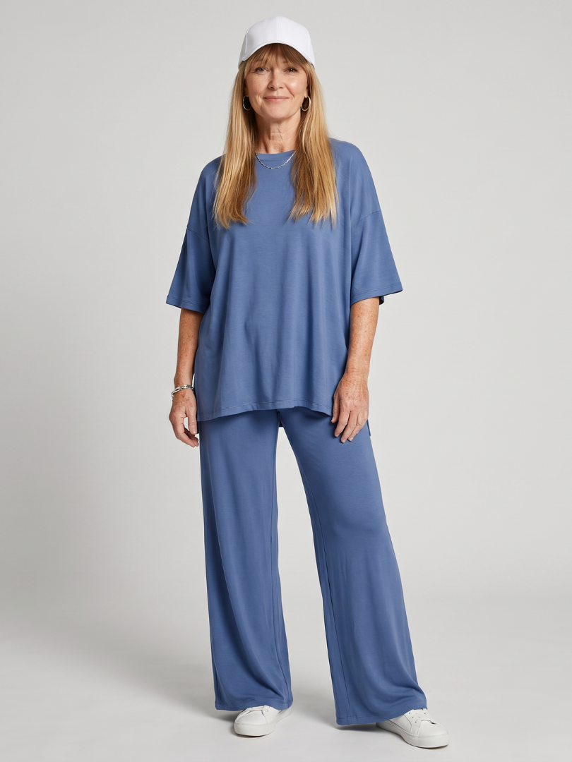 Oversized Two Piece Set - Short Sleeve Top and Wide Leg Pants