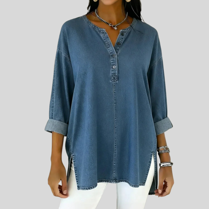 Denim Button Down Top - Women's V-Neck Casual Shirt