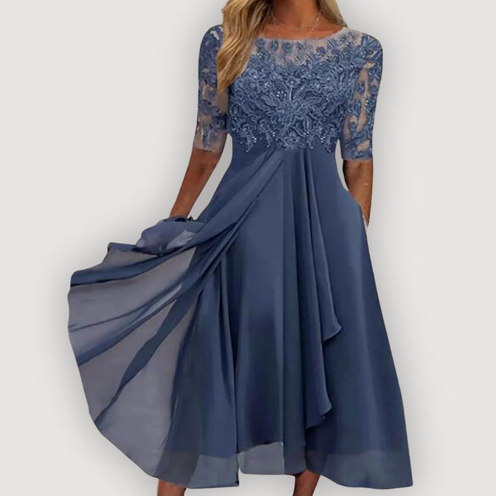 Chiffon Maxi Dress with Lace Bodice for Wedding Guest