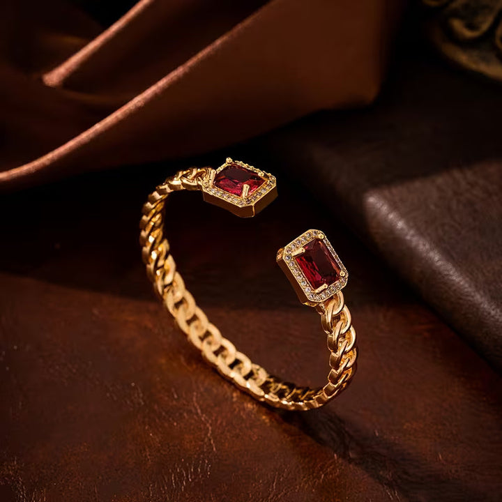 Gold Open Cuff Bracelet | Modern Minimalist Ruby Accent Bangle