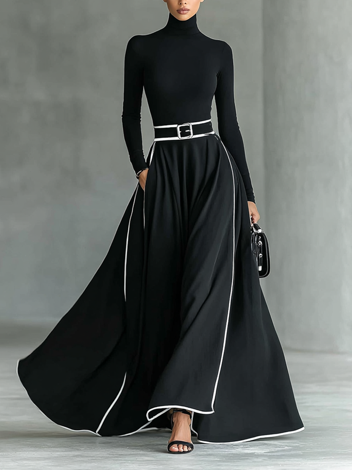 Black Maxi Dress with White Trim and Belted Waist