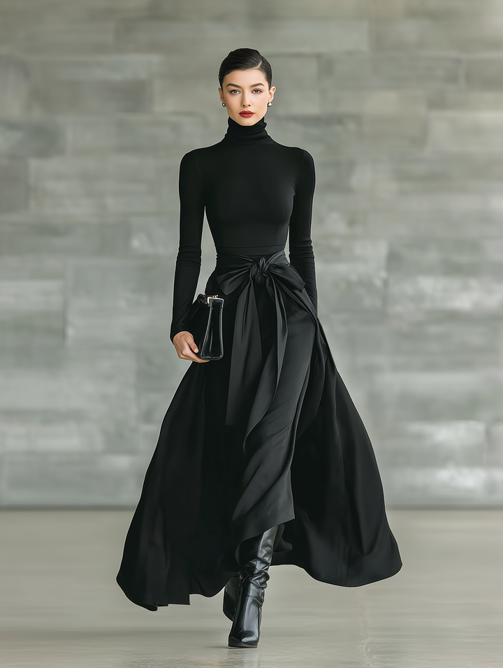 Black Maxi Dress with High Neck and Satin Flared Skirt