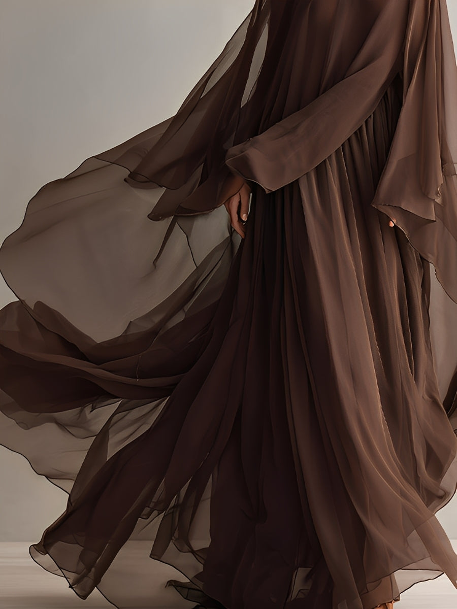 Brown Chiffon Maxi Dress with Cape Sleeves for Wedding Guest