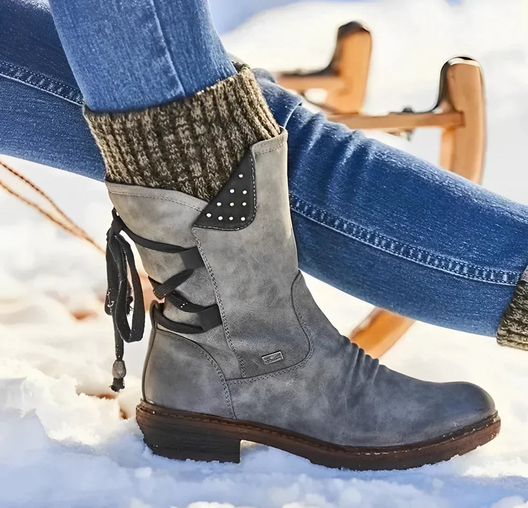 Mid-Calf Suede Winter Boots with Knit Cuff and Lace Up Detail