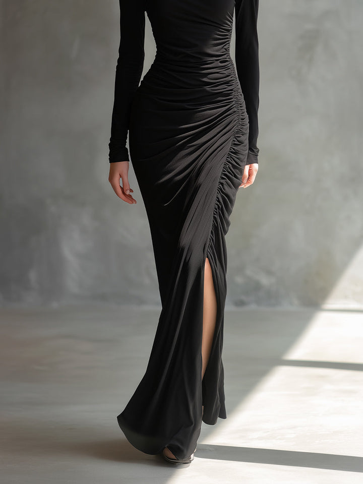 Black Off Shoulder Maxi Dress with Ruched Detailing and Slit