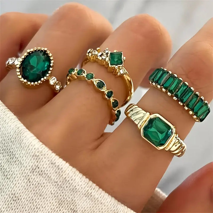 Emerald Ring Set Gold Plated Statement Jewelry for Women
