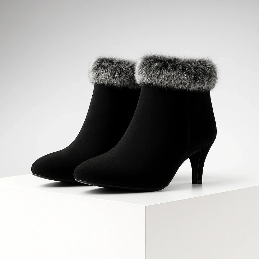 Pointed Toe Ankle Boots for Women with Kitten Heel and Fur Trim