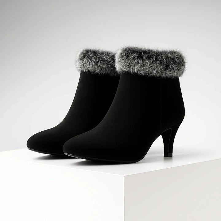 Pointed Toe Ankle Boots for Women with Kitten Heel and Fur Trim