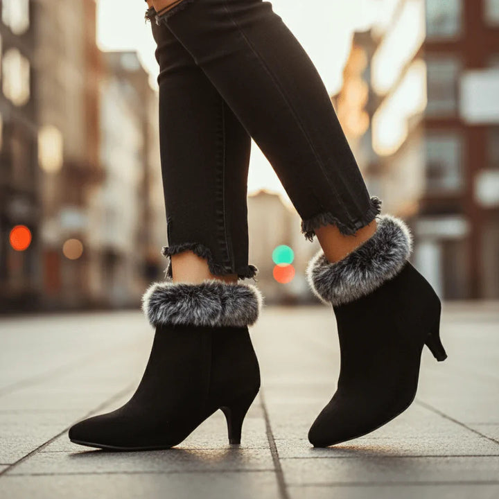 Pointed Toe Ankle Boots for Women with Kitten Heel and Fur Trim