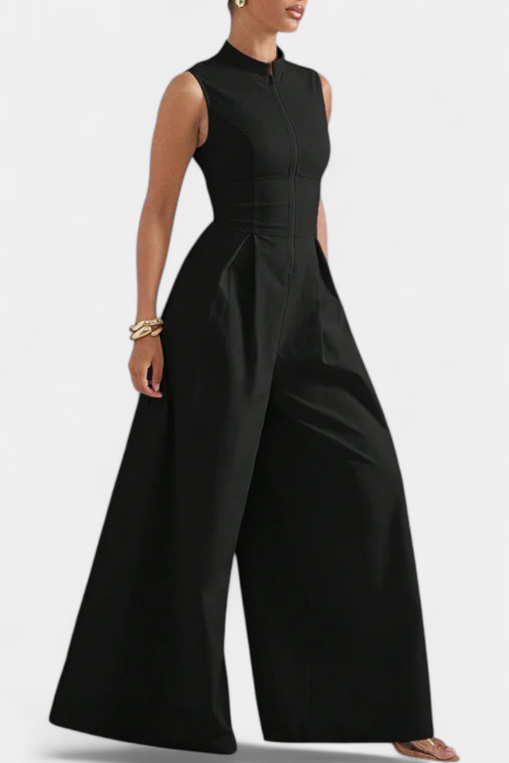 Wide Leg Jumpsuit - Sleeveless Pleated Round Neck for Women