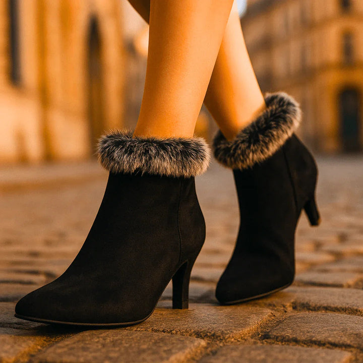 Pointed Toe Ankle Boots for Women with Kitten Heel and Fur Trim