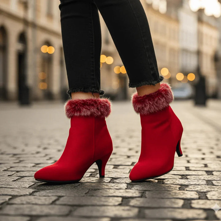Pointed Toe Ankle Boots for Women with Kitten Heel and Fur Trim