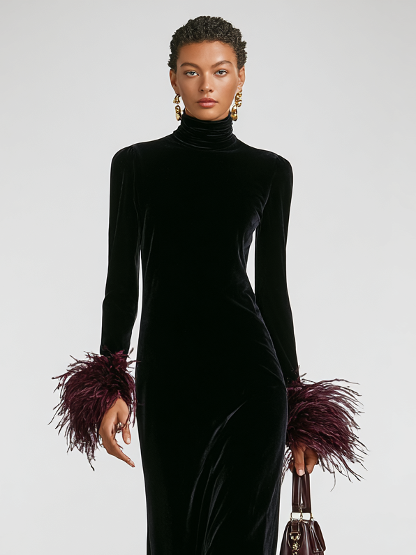 Velvet Maxi Dress with Feather Trim - Evening Formal Gown