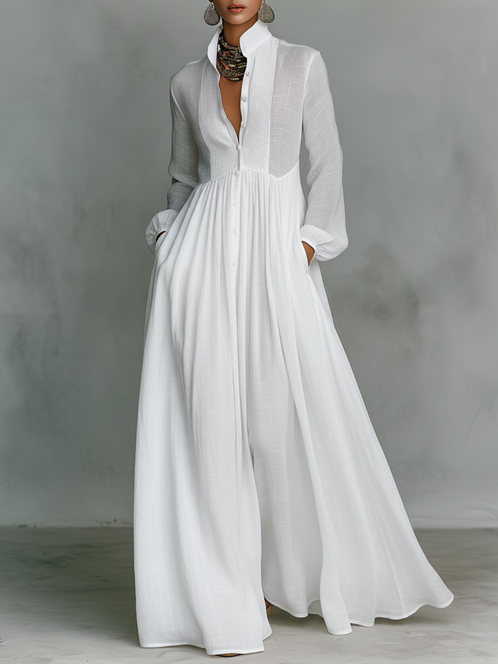 Linen Maxi Dress Long Sleeve with Patchwork Stand Collar