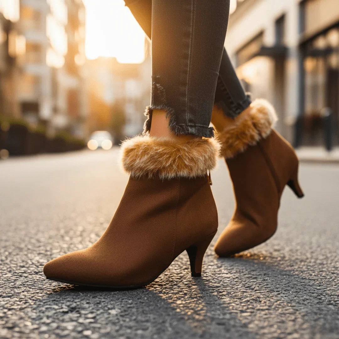 Pointed Toe Ankle Boots for Women with Kitten Heel and Fur Trim