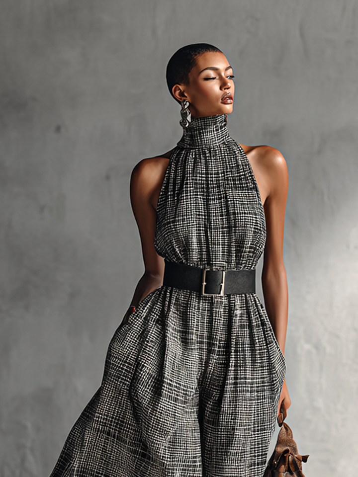 Plaid Maxi Dress with Belt and High Collar for Women