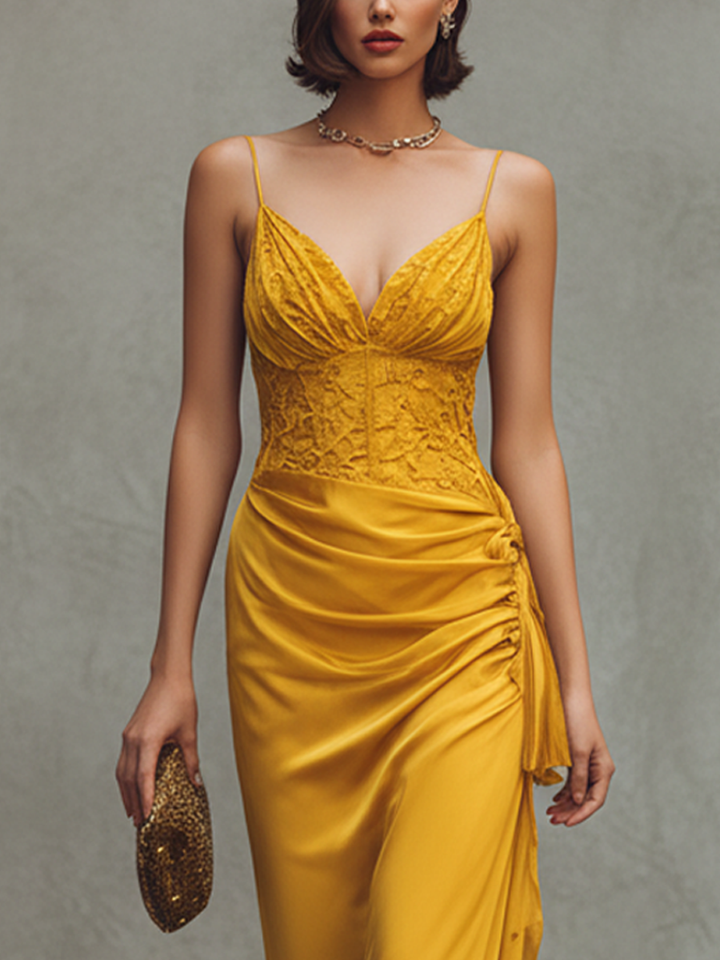 Lace Bodice Maxi Dress with Satin Skirt for Wedding Guest