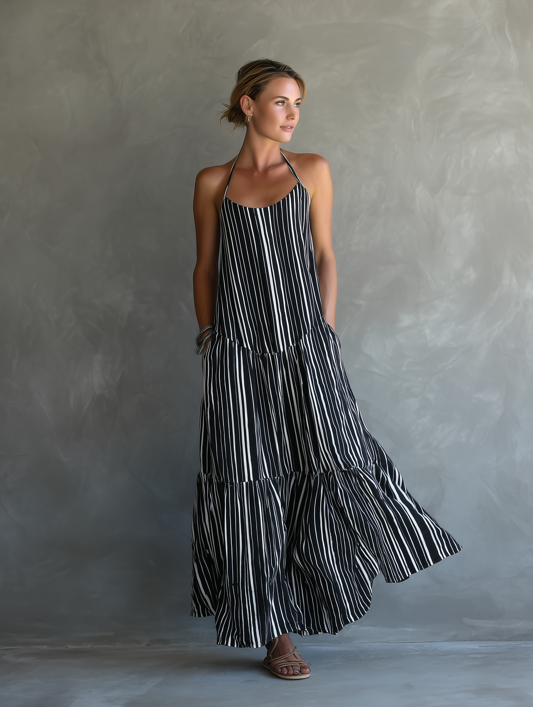 Striped Maxi Dress with Halter Neck for Women
