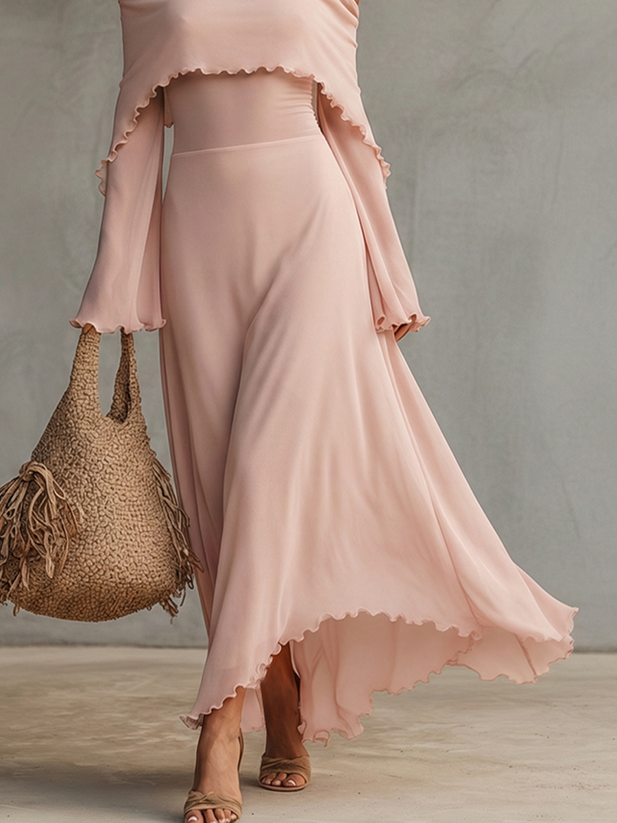 Blush Chiffon Dress with Halter Neck and Cold Shoulder Sleeves