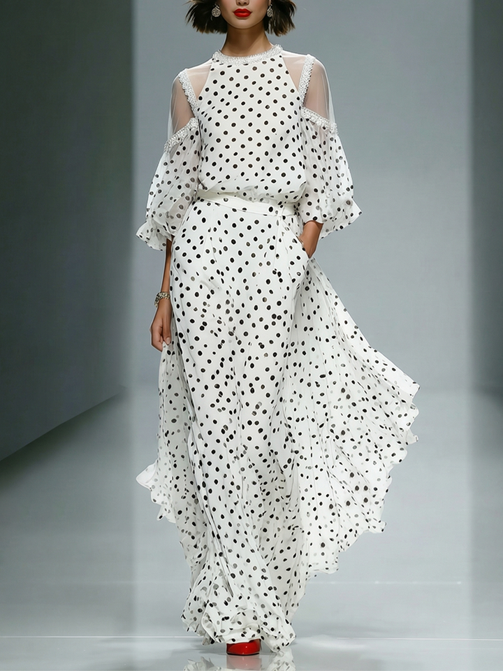 White Polka Dot Maxi Dress with Puff Sleeves