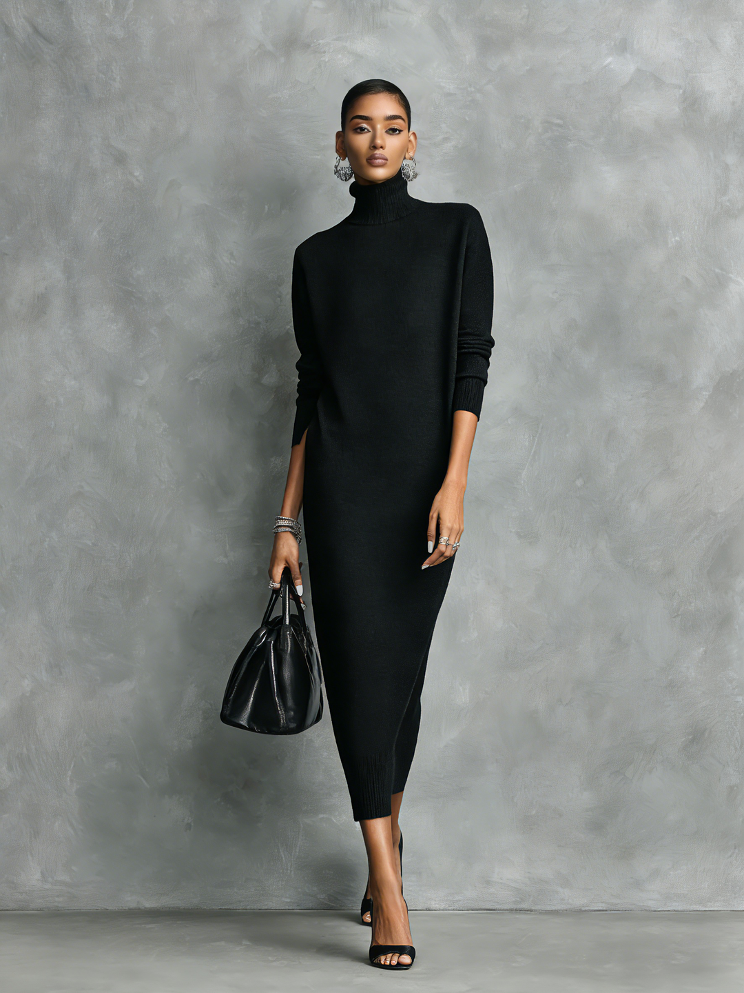 Black Turtleneck Sweater Dress - Midi Length Knit Dress
