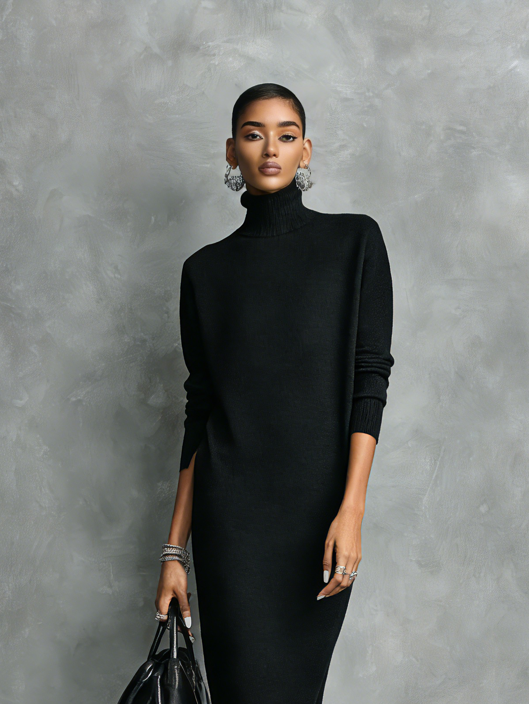 Black Turtleneck Sweater Dress - Midi Length Knit Dress
