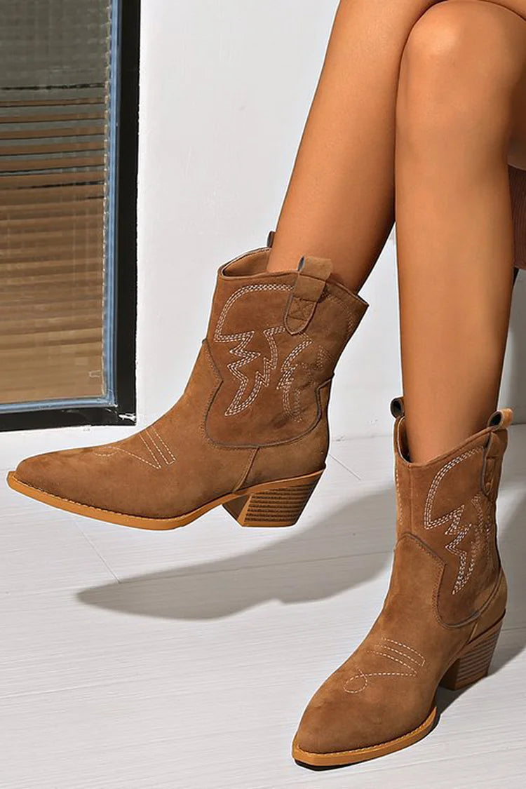Western Ankle Boots for Women Brown Suede Pointed Toe