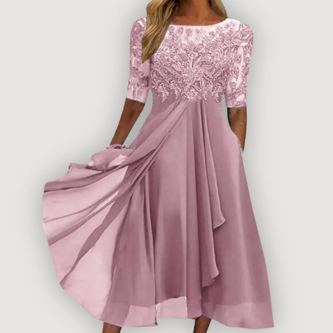 Chiffon Maxi Dress with Lace Bodice for Wedding Guest