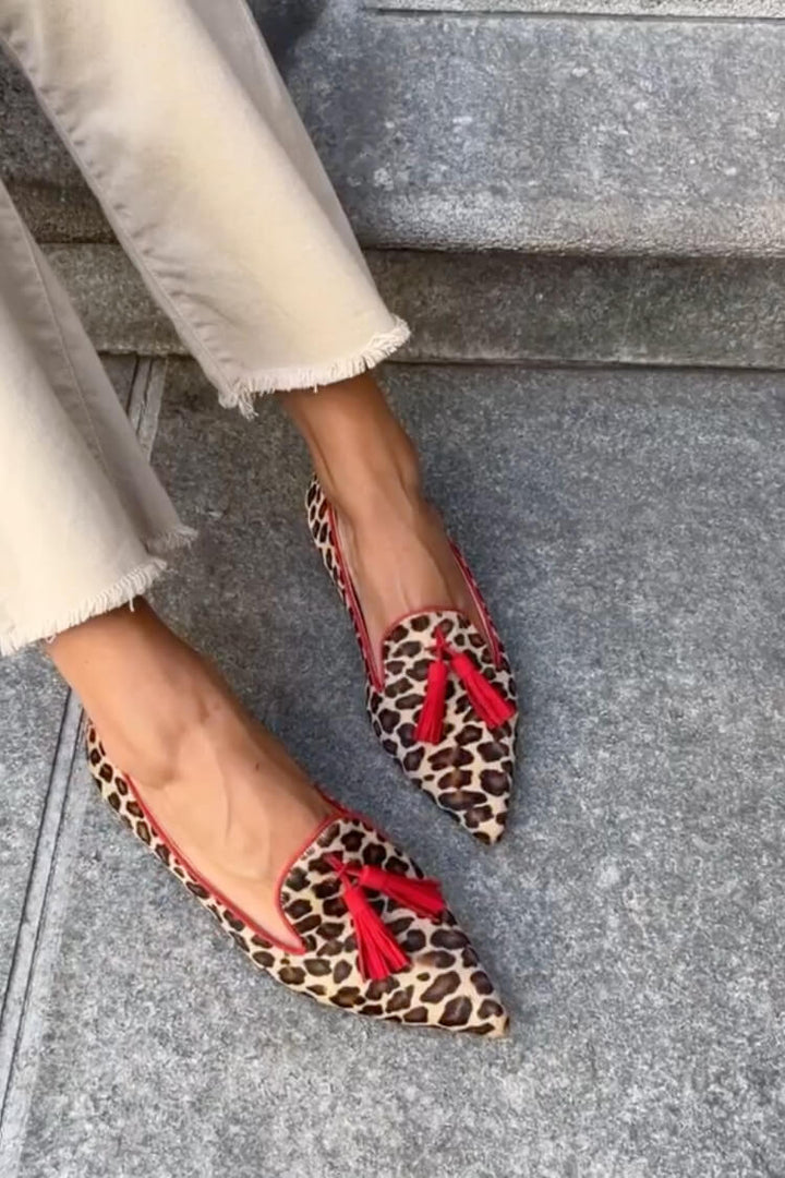 Leopard Print Pointed Toe Flats with Tassel Detail