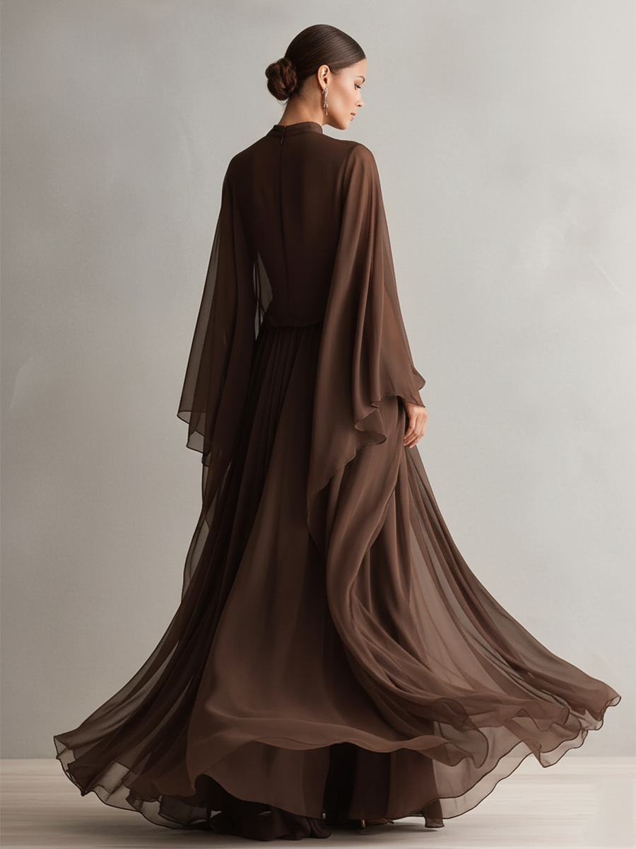 Brown Chiffon Maxi Dress with Cape Sleeves for Wedding Guest