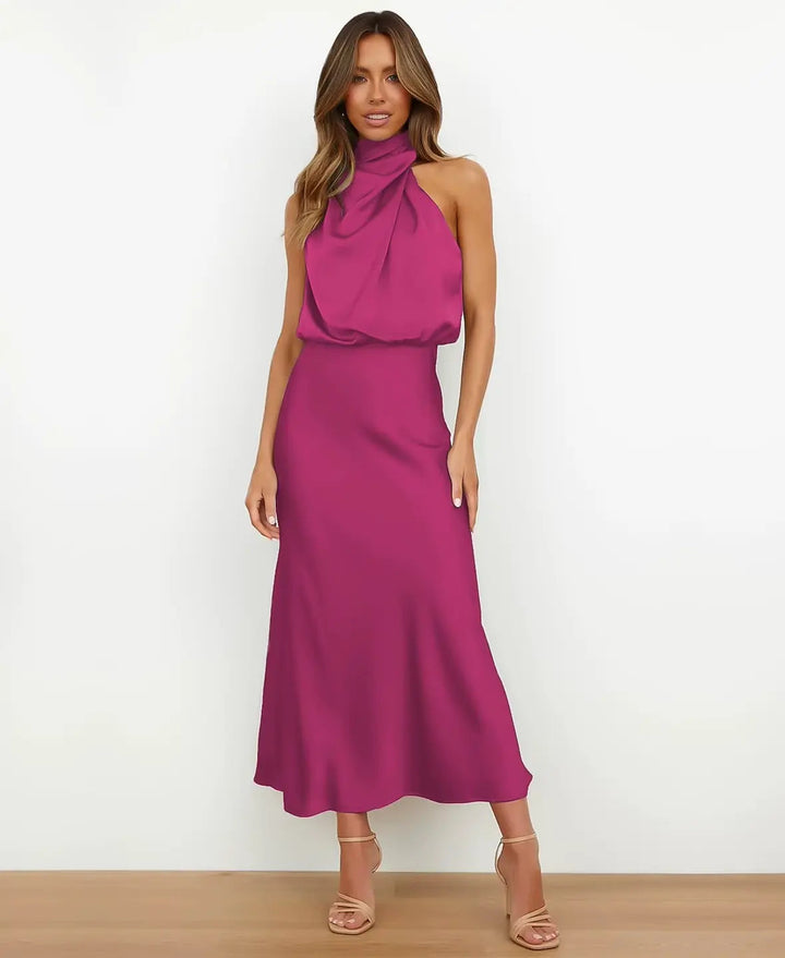 Midi Dress with Draped Neckline - Elegant Stretchy Fitted Dress