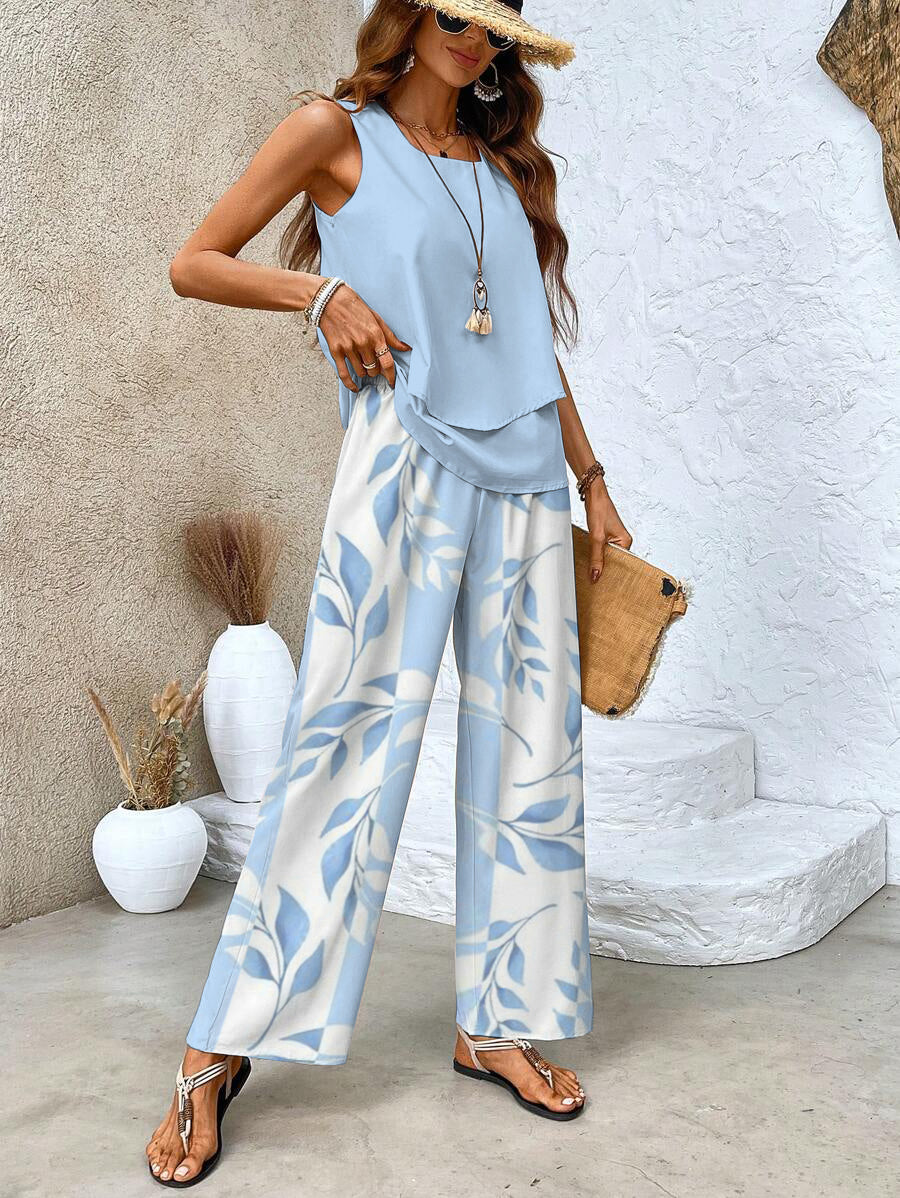 Two Piece Set Women Summer Outfit Sleeveless Top Wide Leg Pants