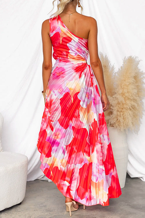 One Shoulder Summer Dress - Pleated Asymmetric Print Dress
