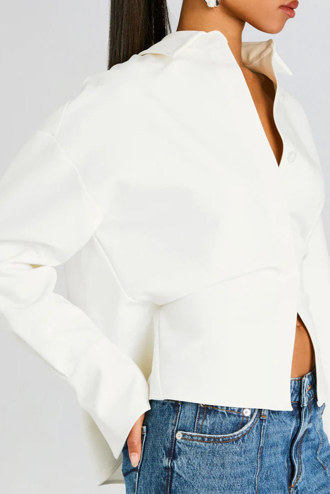 Draped Button Up Blouse for Women - Elegant Long Sleeve Top