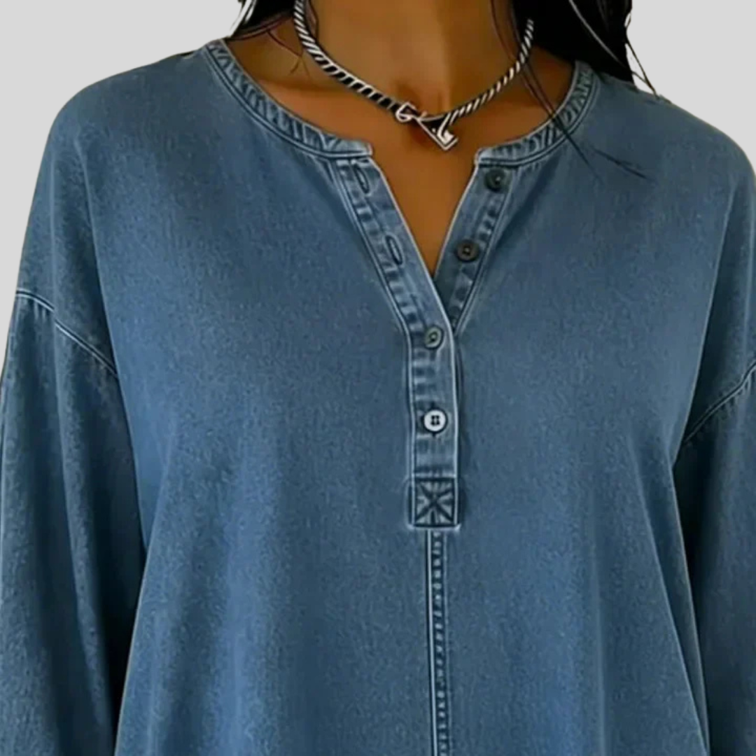 Denim Button Down Top - Women's V-Neck Casual Shirt
