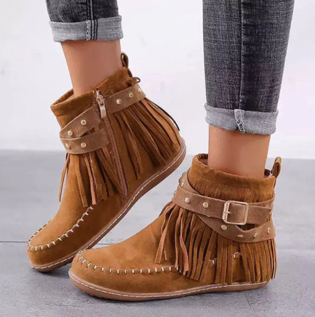 Tan Suede Fringe Ankle Booties for Women with Buckle Strap