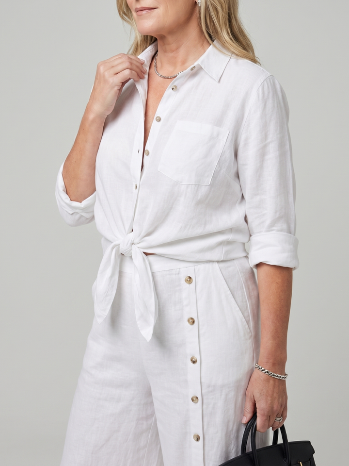 Two Piece Set Long Sleeve Tie Front Top Wide Leg Pants
