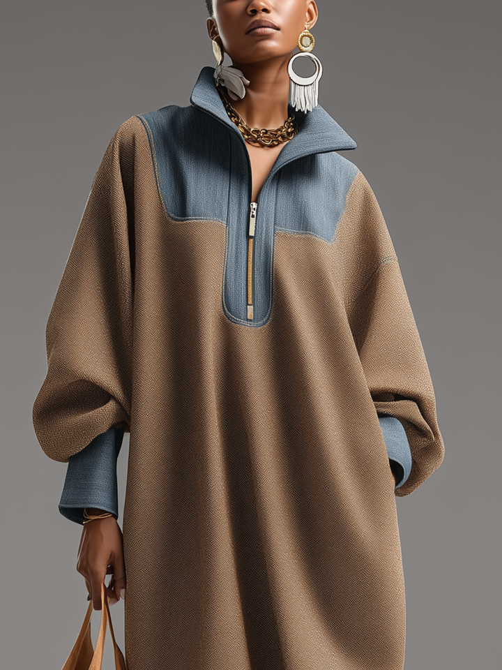 Color Block Maxi Dress with Stand Collar - Loose Fit Long Sleeve