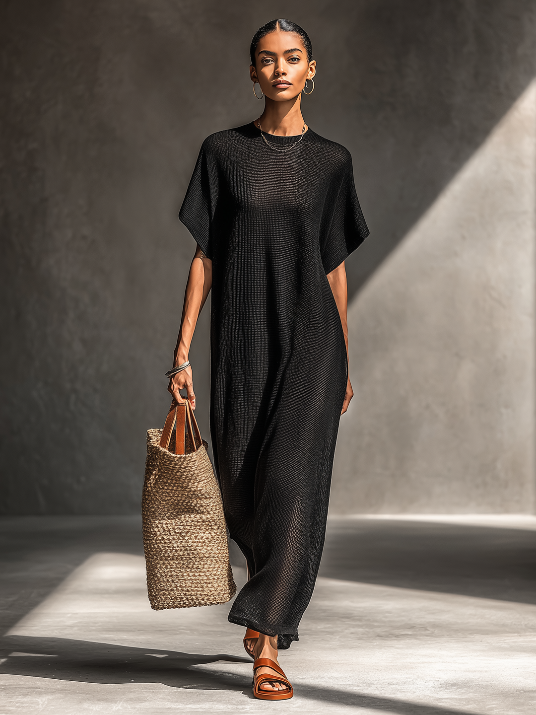 Sheer Knit Maxi Dress for Women Short Sleeve Minimalist