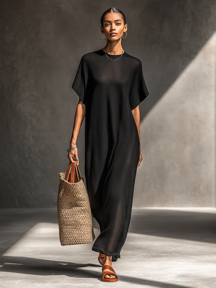 Sheer Knit Maxi Dress for Women Short Sleeve Minimalist