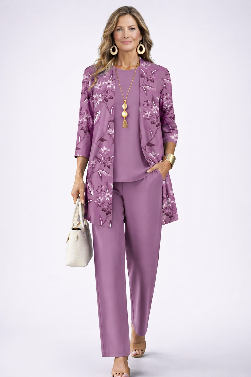 Three Piece Cardigan Set for Women - Relaxed Wide Leg Pants