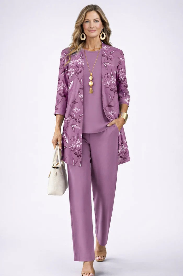 Three Piece Set for Women - Cardigan Top and Printed Pants