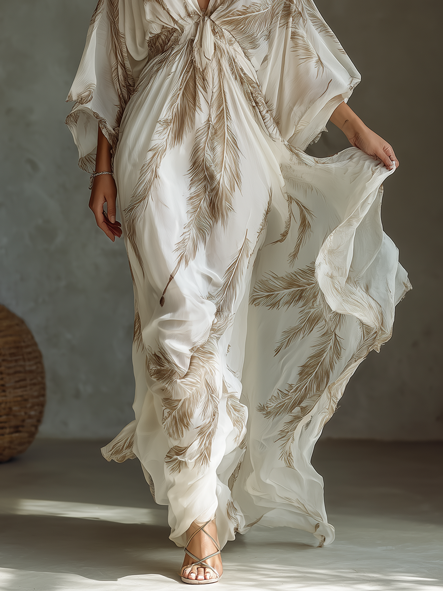 Maxi Dress with Palm Leaf Print and Twist Front Detail