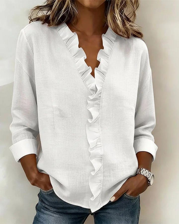 Ruffled V-Neck Blouse with Long Sleeves for Women