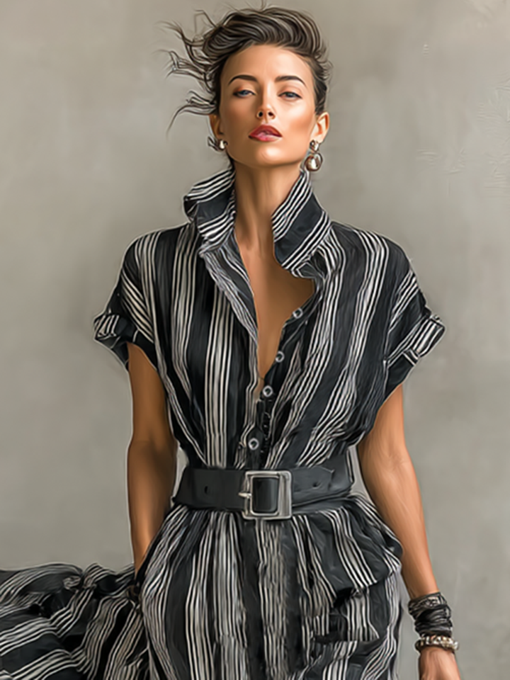Striped Maxi Dress with Collar and Short Sleeves