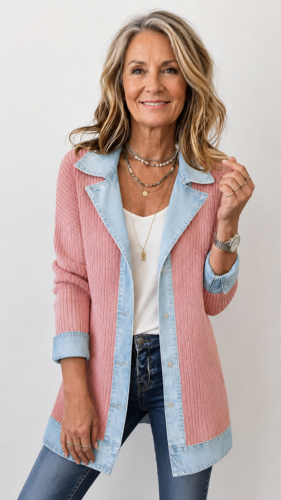 Mixed Fabric Jacket for Women - Relaxed Fit Layering Piece