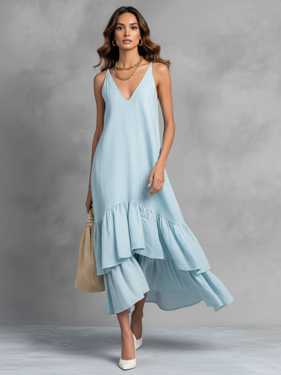 Maxi Dress Women Light Blue Cotton Linen V Neck Ruffle Hem