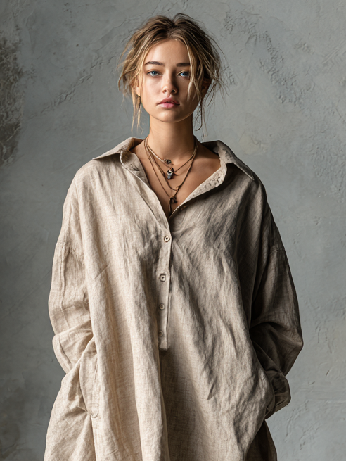 Cotton Linen Shirt Dress with Button Front and Collar